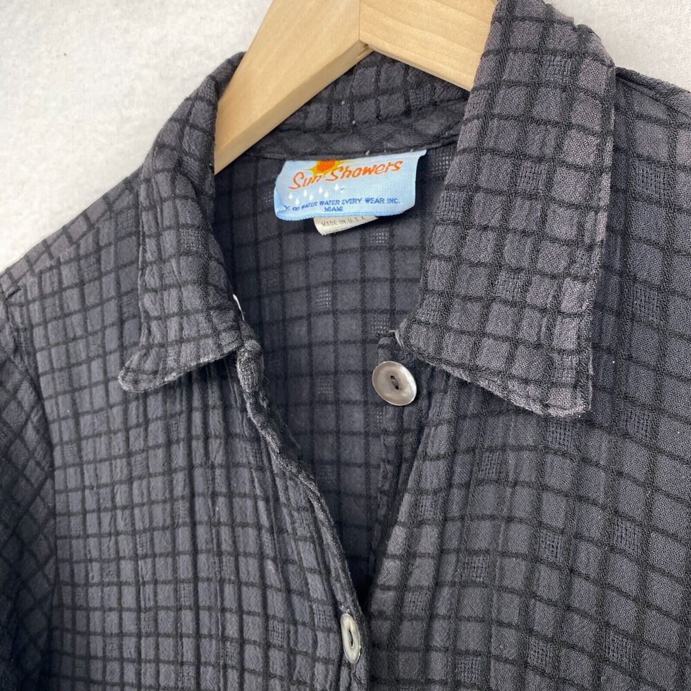 SUN SHOWERS Cover Up Dress M Gauze Check Shirtdress Midi Button Up Black USA